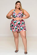 Biquini Floral Rosa Com Saia / 3 Peças