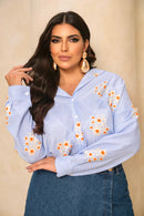 Camisa Listrada Bordada Floral