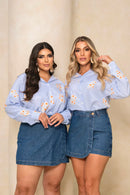 Camisa Listrada Bordada Floral
